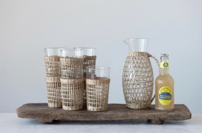 Glass Pitcher with Woven Seagrass Sleeve